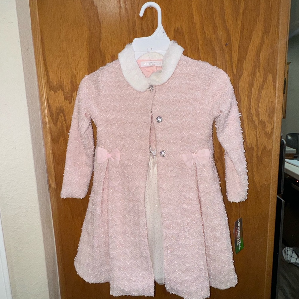 Pink Kids Coat & Dress Set with Bow Accents